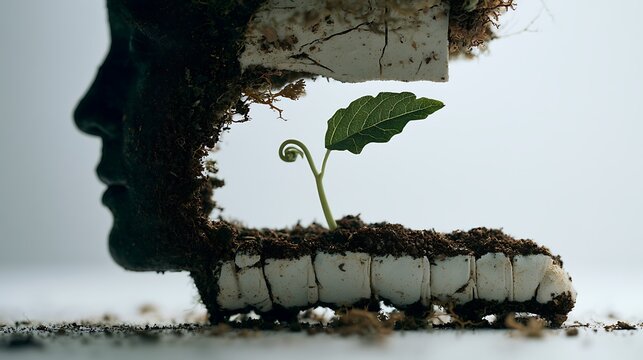 Prompt: An avant-garde conceptual portrait of mental healing. A dark silhouette profile of a caterpillar is filled with a symbolic landscape of a flawlessly constructed, clean white clay tablet 
