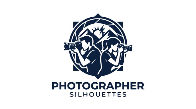 Two photographer silhouettes, a man and a woman, stand side-by-side, each holding a professional camera.