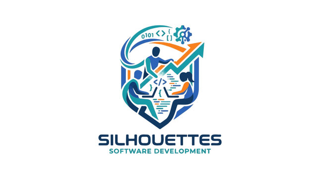 A shield-shaped logo features silhouetted people working on laptops within a context of growth charts and binary code, representing software development.