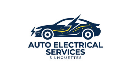Fototapeta premium A dark blue car silhouette logo with yellow lightning and abstract lines for auto electrical services.