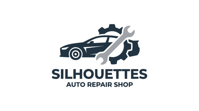 A dark silhouette of a car is overlaid with a wrench and gears, forming a modern and robust logo for an auto repair service.