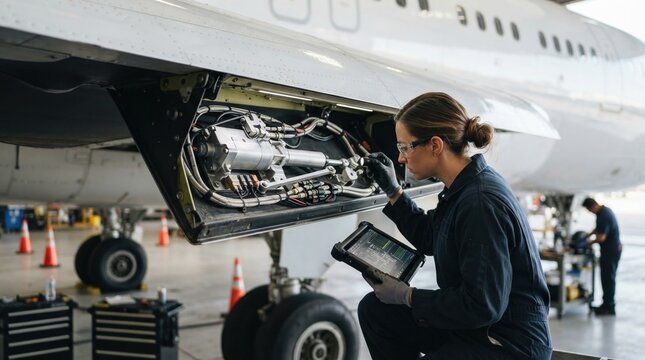 Aircraft maintenance engineer inspects a wing actuator with servo motor, cable harness, and composite panel in a modern hangar.
