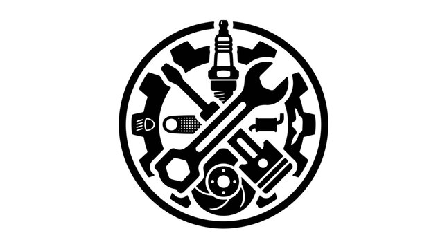A circular emblem displays a collection of car repair tools and parts, including a gear, wrench, spark plug, and piston, representing a service shop.