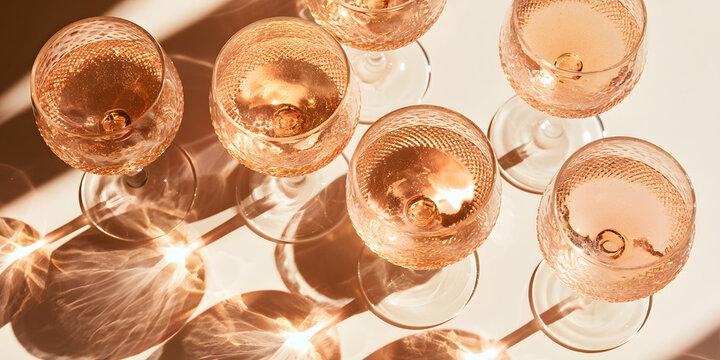 A top-down perspective of six glass vessels, each filled with ros&eacute; wine, set on a light-colored surface; gentle sunbeams cast warm reflections and soft shadows, collectively evoking a refined and fest