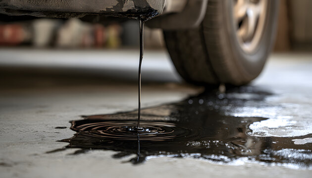 Darker motor oil drips onto the garage floor from the car. Fluid leakage forms a messy puddle on the concrete. Vehicle maintenance issues are visible on the pavement.