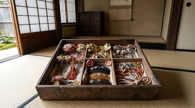 Traditional japanese kanzashi hair ornaments in a wooden tray