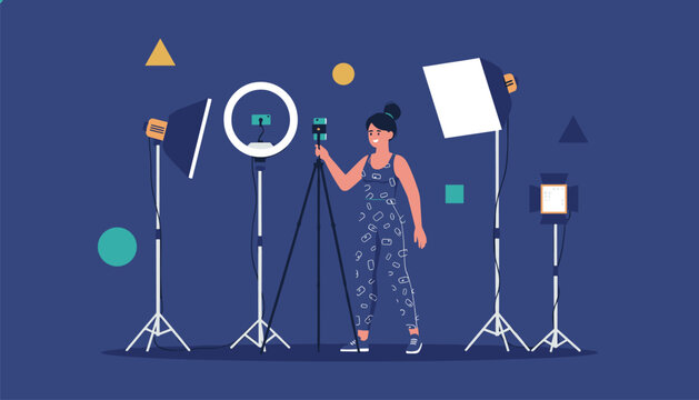 Content creator using a smartphone and professional lighting equipment to record video in a studio setting.