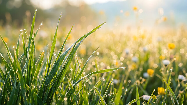 Fresh Green Grass with Morning Dew Drops in a Sunny Meadow