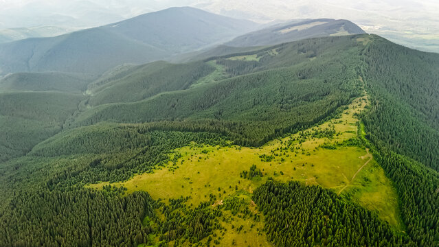 Drone panorama of rolling mountains and a triangular meadow bordered by dense spruce woods gentle slopes stretch to the horizon while misty ridgelines merge into a peaceful blue distance