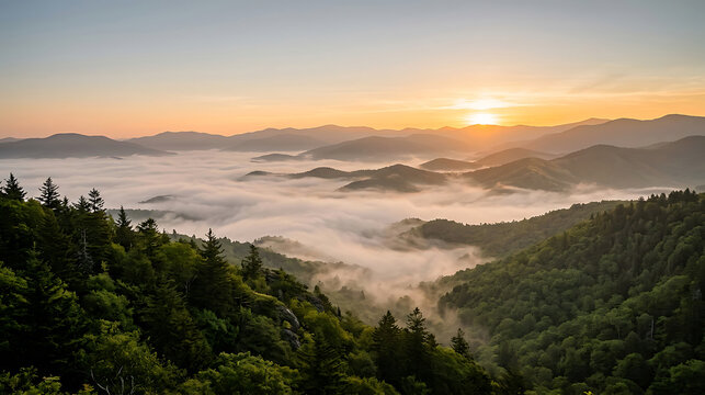 Breathtaking Sunrise Over the Great Smoky Mountains with Thick Morning Fog Rolling Through the Lush Green Valley and Forested Peaks at Blue Ridge Parkway