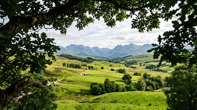 Breathtaking scenic view of the lush green Scottish Highlands framed by oak tree branches under a cloudy sky in a peaceful rural landscape