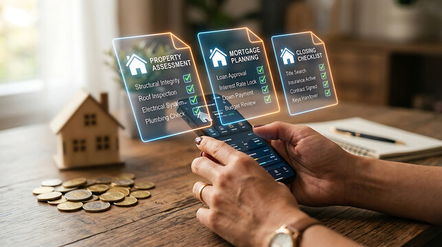 Person Using Smartphone for Real Estate Property Assessment, Mortgage Planning, and Closing Checklist with Digital Holographic Overlays