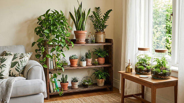 Cozy Living Room Interior with Potted Houseplants on Rustic Wooden Shelves and Terrariums on a Side Table