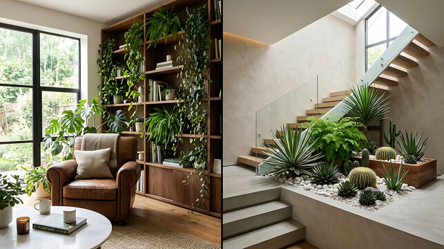 Modern Biophilic Interior Design Featuring a Cozy Leather Armchair Reading Nook and a Minimalist Staircase with an Indoor Rock Garden and Exotic Plants