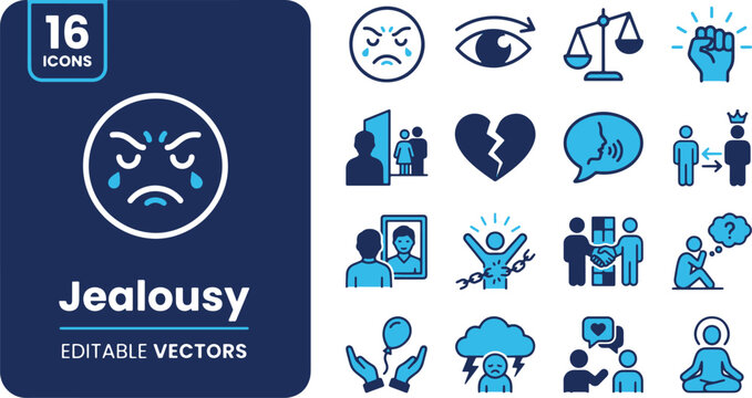Jealousy and envy vector icon set featuring blue and white outlines for emotional concepts