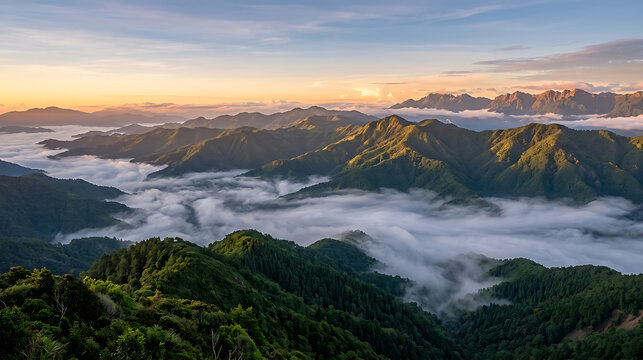 Breathtaking Sunrise Over Lush Green Mountain Ranges Surrounded by a Sea of Clouds in a Serene Highland Landscape