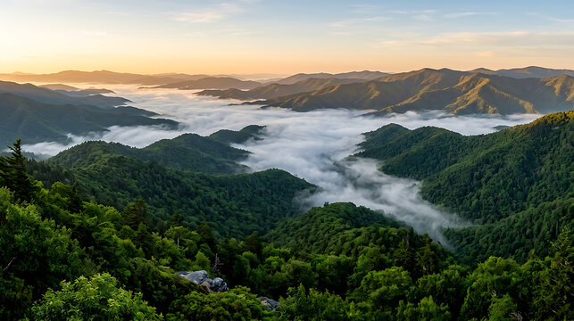 Breathtaking Sunrise Over the Great Smoky Mountains National Park with Thick Valley Fog and Lush Green Forested Ridges