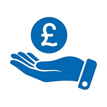 Blue hand holding a british pound sign icon