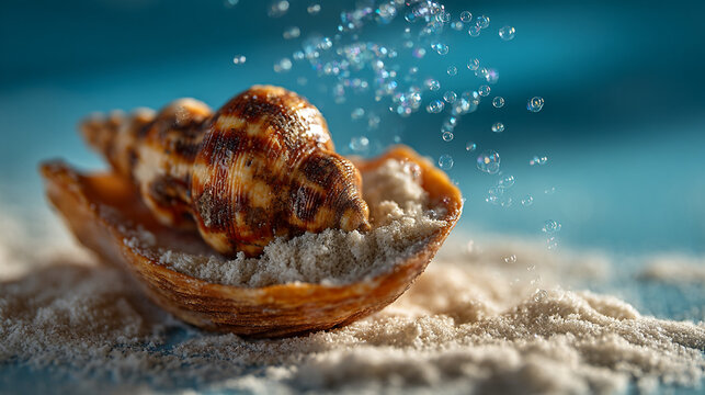 Sea shell on sandy beach with water droplets and blurred blue background seashell droplets