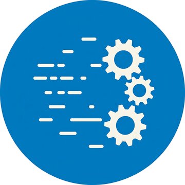 Blue circle icon with gears and speed lines