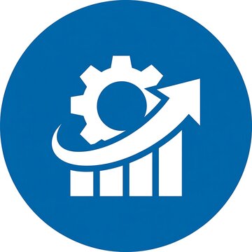 Gear and growth chart icon on blue circle