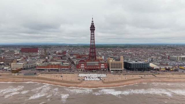 Aerial view of Blackpool seafront and tower in UK