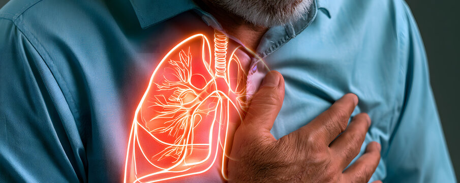 A senior man touched his chest, feeling pain and respiratory distress. A neon, glowing hologram displayed the internal human lungs, revealing inflammation and signs of pulmonary disease within the pat