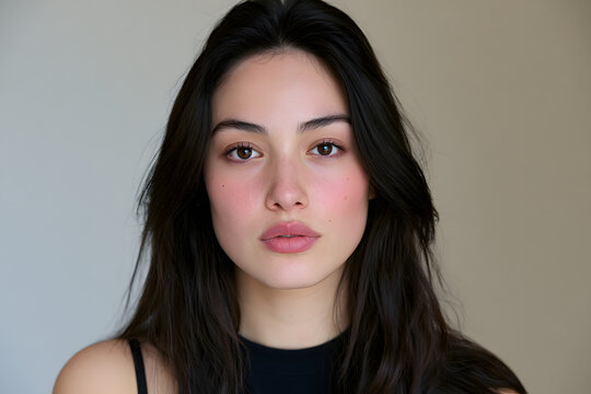 A woman with dark hair and subtle makeup is having her portrait taken against a simple, nondescript backdrop.