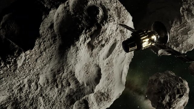 Satellite in Space passing asteroid, 3d animation