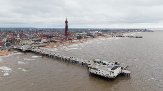 Aerial footage of Blackpool skyline and tower in UK