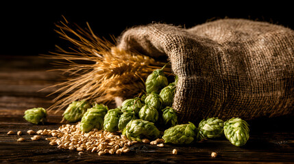 Fototapeta premium Scattered barley grains and golden wheat stalks rest alongside fresh green hop cones, which spill from a burlap sack on a dark rustic wooden surface