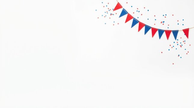 Festive party bunting with colorful flags and falling confetti on a clean white background for celebration and birthday event design