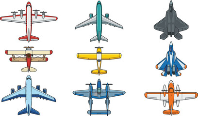 Civil and Military Aircraft Top View Vector Collection with Commercial Passenger Airliners Stealth Fighter Jets and Vintage Propeller Biplanes © Mdsahidul