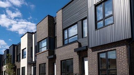 Obraz premium Contemporary townhouses adorned with black brick and metal facades set against a azure sky. Real estate development notion.