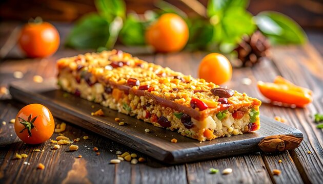Healthy artisanal snack bar with seeds and nuts on rustic wooden board