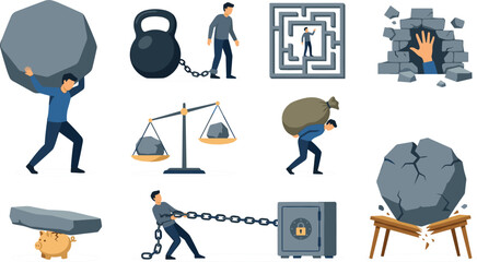 Business Obstacles and Personal Hardship Concept Set with People Carrying Heavy Boulders Breaking Through Brick Walls and Dragging Chained Safe Boxes © Mst