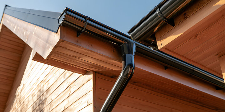 A clear sky backdrop, a black gutter system was installed on the wooden house.