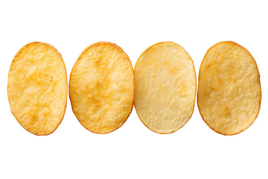 Four crispy golden potato chips arranged in a row isolated on transparent background