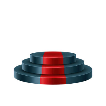 Podium stage with three dark metal tiers and a red carpet, symbolizing competition success, award winning, victory, achievement, celebration, and leadership