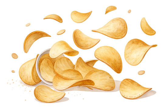 A pile of crispy golden potato chips spilling from a bowl isolated on transparent background