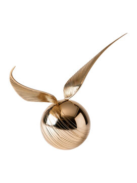 Golden winged magical ball flying, representing speed, challenge, and capture in a fantasy sport, symbolizing success and attainment of goals on transparent background