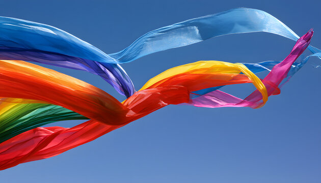 Ribbon streamers flutter like a rainbow against the clear blue sky. Silky ribbons wave with the breeze. Celebrating gay pride with colors that symbolize freedom, joy, equality, and pride. The movement