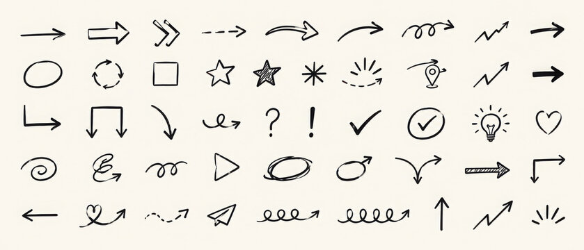 Black doodle arrow vector collection with hand drawn curved arrows, sketch direction signs, loop symbols and ink pointer elements for notes and highlights