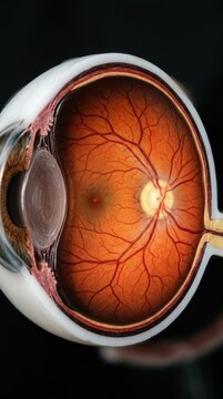 Anatomical eye model showing cross section, detailed internal structure, human retina, red blood vessel, optic nerve, yellow macula, crystalline lens, dark pupil, colored iris.
