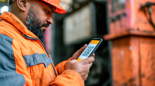 Industrial worker scanning QR code with smartphone for equipment inspection and maintenance