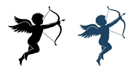 Two silhouetted cherubs holding bows and arrows are depicted in a flying pose against a white background ready to shoot