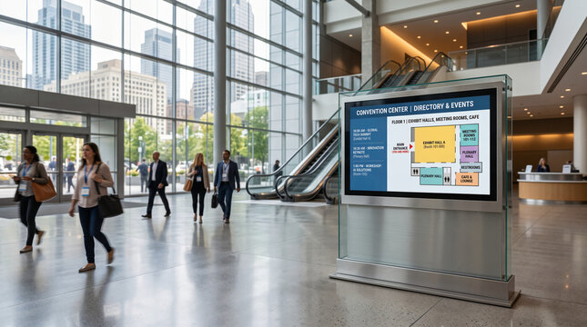Modern Convention Center Lobby with Digital Wayfinding Signage and Business Professionals