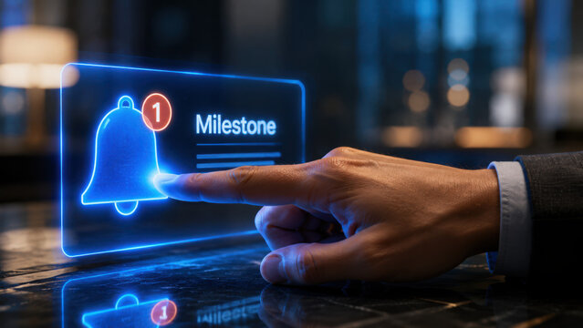 Digital milestone achievement hand interacting with notification icon