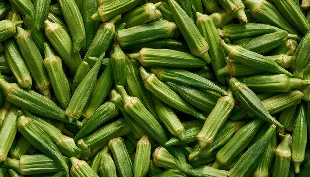 A close-up view of full-frame, organic green okra pods, rich in dietary fiber, exhibits a full texture