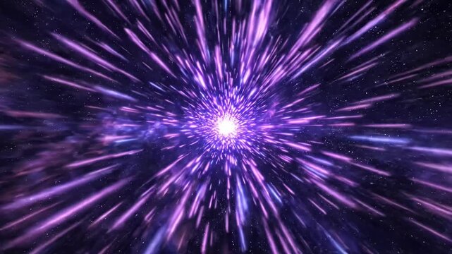 Purple light speed warp background in space.